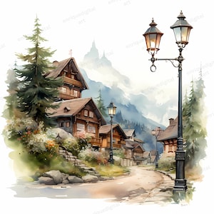 Imágenes prediseñadas de pueblo de acuarela, paisaje de montaña, escena de la naturaleza, descarga digital, descarga instantánea, formato PNG, imágenes prediseñadas imprimibles, fabricación de tarjetas