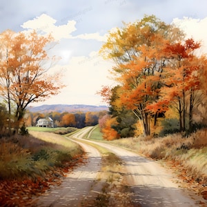 Imágenes prediseñadas de campo de acuarela, paisaje de otoño, PNG de otoño, fabricación de tarjetas, descarga digital, arte imprimible, arte de pared, elaboración de papel