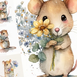 Maus und Blume Clipart - 8 hochwertige PNGs - digitaler Download - Kartenherstellung, Mixed Media, digitales Papier Handwerk, Maus Clipart, Maus PNG