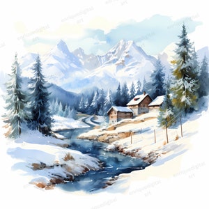 Aquarelle hiver montagnes flux Clipart, imprimable Village enneigé, paysage d’hiver, téléchargement numérique, fabrication de cartes, fabrication de papier