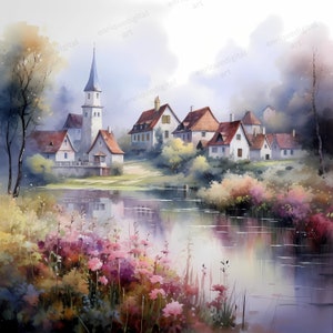 Aquarelle Village Clipart, Paysage fluvial, Scène nature, Téléchargement numérique, Téléchargement instantané, Format PNG, Clipart imprimable, Fabrication de cartes
