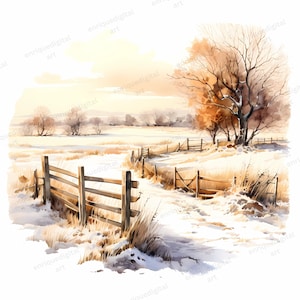 Watercolor Countryside Clipart, Winter Landscape, Card Making, Paper ...