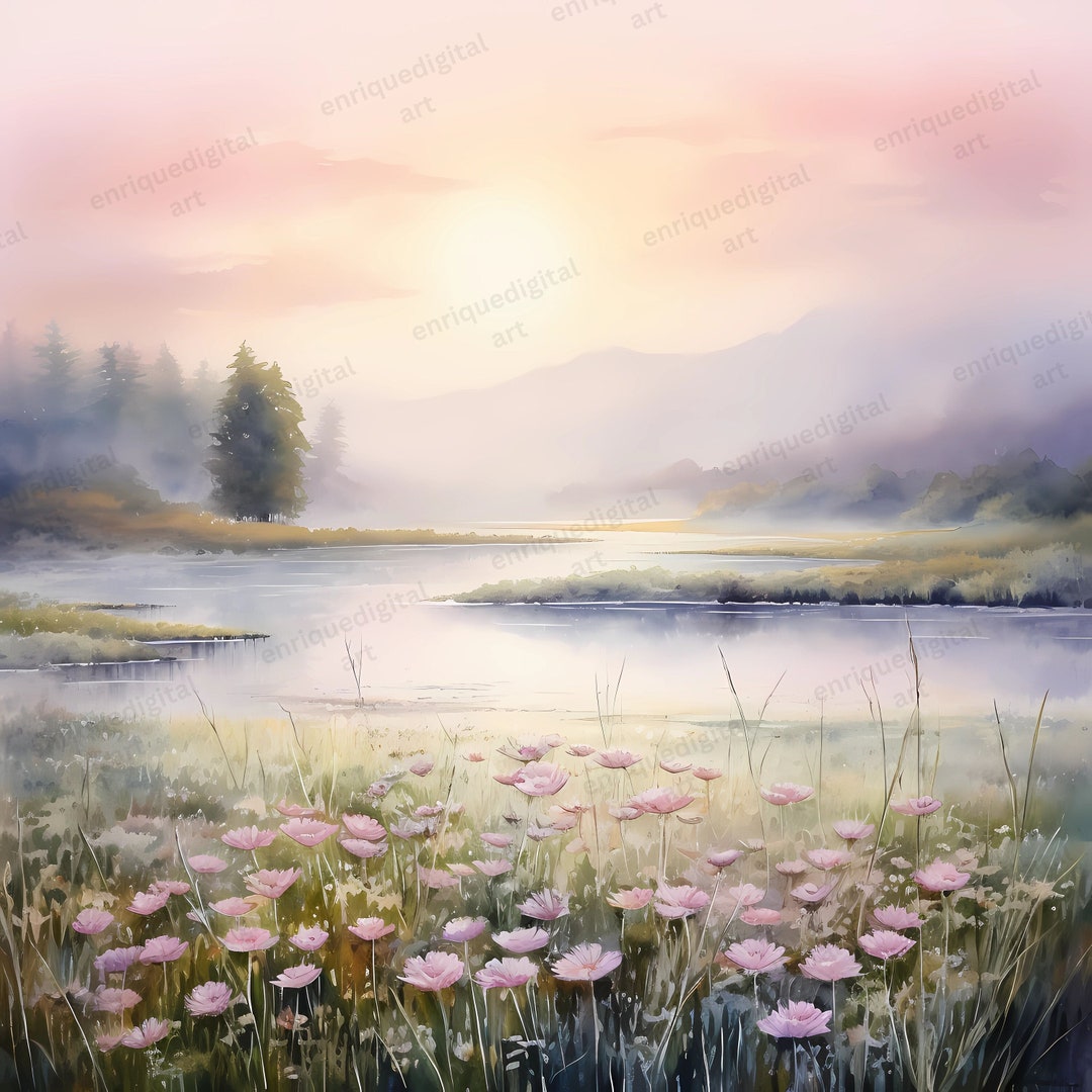 Watercolor Misty Dawn Clipart, Meadows Landscape, Meadows PNG, Card ...