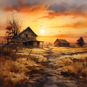 Aquarelle Grange Clipart, Paysage de campagne, Fabrication de cartes, Téléchargement numérique, Art imprimable, Art mural, Téléchargement instantané, Format PNG