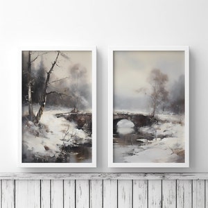 Bridge in Winter Digital Prints, Winter Landscape, Landscape Painting, Set of 2, Digital Download, JPG Format