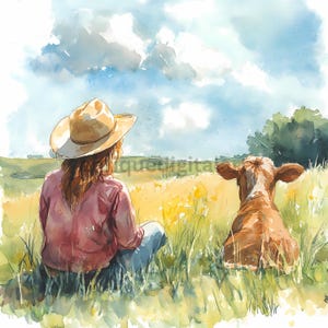 Aquarel jeugd sereniteit op weilanden clipart, platteland landschappen, landschap met koe, boerderij leven schilderij, kunst aan de muur, digitale download