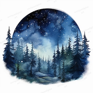 Aquarel Sapphire Forest Clipart, Boslandschap, PNG-formaat, Digitaal Papier, Digitale Download, Afdrukbare Clipart, Afdrukbaar Bos