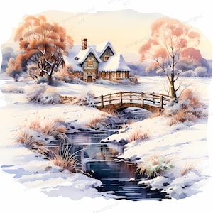 Clipart campagna acquerello, paesaggio invernale, formato PNG, carta digitale, download digitale, clipart stampabile, paesaggio stampabile