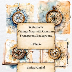 Mapa vintage de acuarela con imágenes prediseñadas de brújula, suministros de diario basura, suministros de scrapbooking, PNG de mapas, impresiones digitales, brújula imprimible