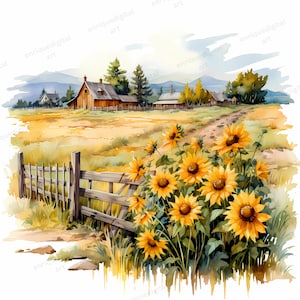 Aquarelle Tournesol Paysage Clipart, Campagne Clipart, format PNG, Téléchargement numérique, Scrapbooking, Fabrication de papier, Fabrication de cartes