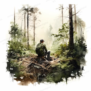 Aquarell Jäger Clipart, Wald Landschaft, Natur Szene, digitaler Download, sofortiger Download, PNG, druckbare Clipart, Kartenherstellung