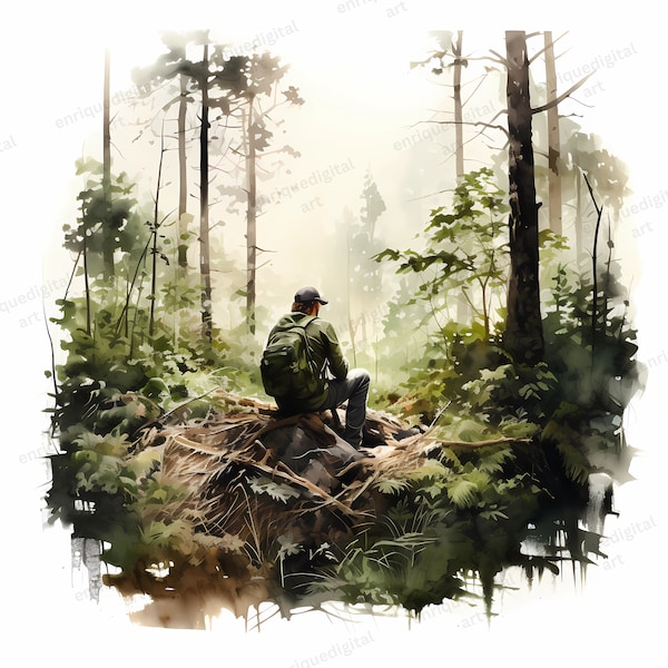 Watercolor Hunter Clipart, Forest Landscape, Nature Scene, Digital Download, Instant Download, PNG, Printable Clipart, Card Making
