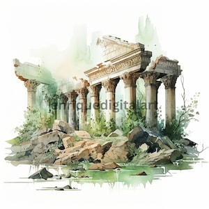 Clipart di rovine antiche dell'acquerello, paesaggio della giungla, immagini per la creazione di cartoline, download digitale, creazione di carta, scrapbooking, formato JPG