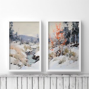 River in Winter Scene Digital Prints, Wall Decorations Set of 2, Printable Art, Instant Download, Landscape Painting