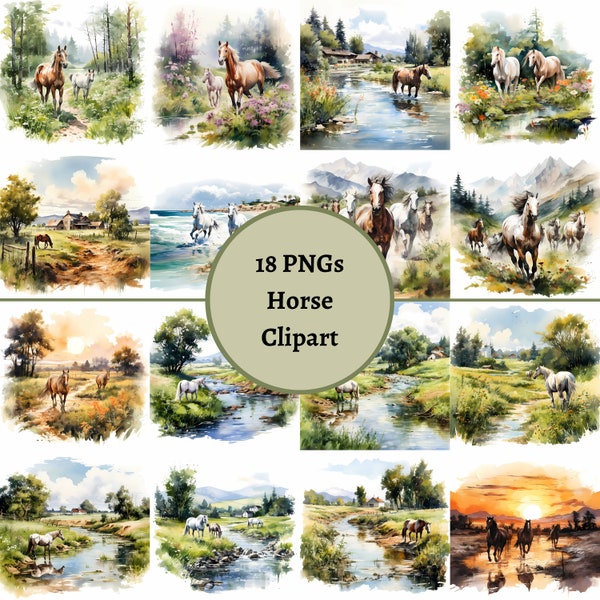 Watercolor Horse Clipart, Horse Digital Images, Nature Scene, Digital Download, Instant Download, PNG Format, Printable Clipart, Card Making