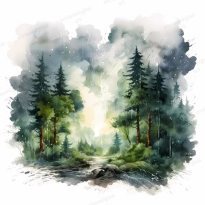Imágenes prediseñadas del bosque de acuarela, paisaje del bosque, escena de la naturaleza, descarga digital, descarga instantánea, formato PNG, imágenes prediseñadas imprimibles, fabricación de tarjetas