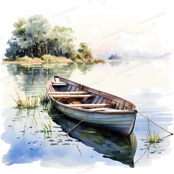 Watercolor Lakeside Scenery Clipart, Boat Clipart, Spring Lake Landscape, PNG Format, Scrapbooking, Junk Journal, Card Making, Paper Crafts