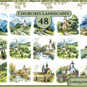 Watercolor Church Clipart, Card Making Digital Images, Clipart Bundle, Church Landscape, Digital Download, Printable Cliparts, JPG Images