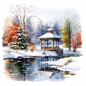 Aquarelle Lakeside Scenery Clipart, Gazebo Clipart, Spring Lake Landscape, Format PNG, Scrapbooking, Junk Journal, Fabrication de cartes, Paper Craft