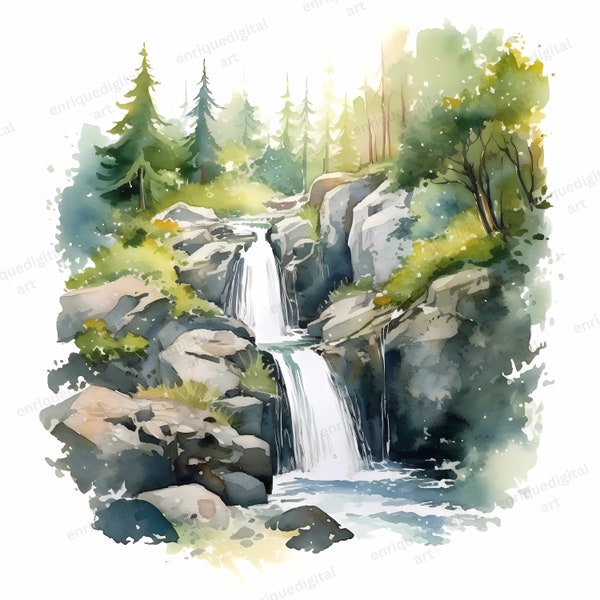 Aquarelle cascade Clipart, scènes de paysage Nature, Format PNG, papier numérique, téléchargement numérique, Clipart imprimable, paysages imprimables