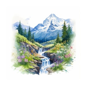 Paysage de ruisseau de montagne, aquarelle, fichiers JPG de haute qualité, fabrication de cartes, couleurs vives, création de papier, téléchargement numérique