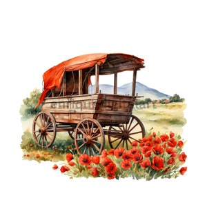 Wooden Wagon Clipart, Red Flowers Covered Wagon, Card Making, Digital Download, Watercolor Landscape, Watercolor Clipart, Transparent PNG