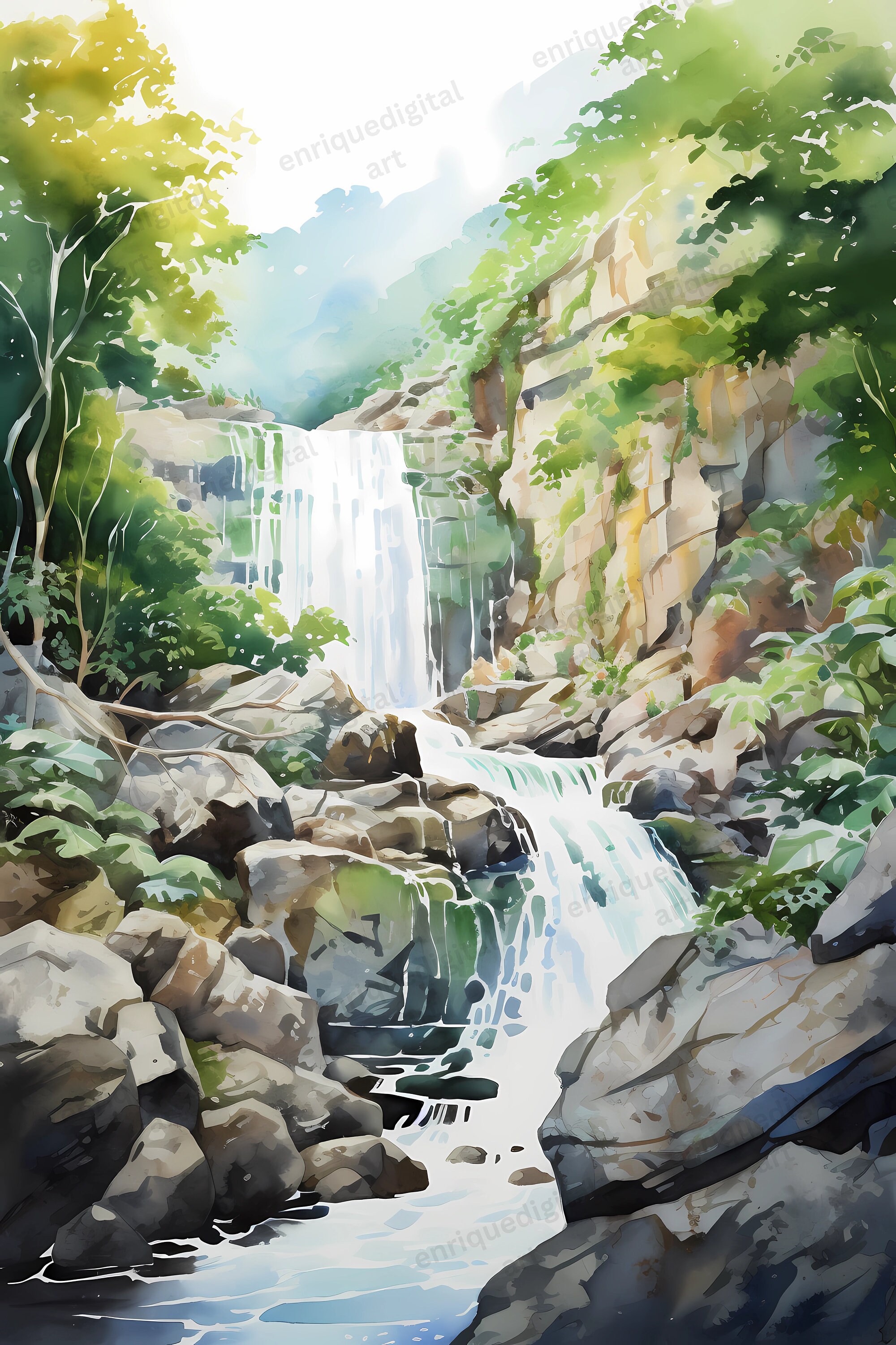 Watercolor Waterfall Landscape Printable Wall Art Digital - Etsy