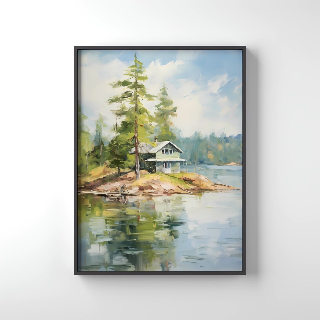 Oil Painting Cabin in Woods, River Landscape Art, Forest Landscape ...