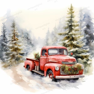 Watercolor Red Truck Clipart, Christmas Card, Card Making, Digital Prints, Digital Download ...