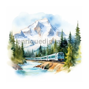 Tren de acuarela en imágenes prediseñadas de montañas, paisaje imprimible, JPG de alta calidad, descarga digital, fabricación de tarjetas, elaboración de papel
