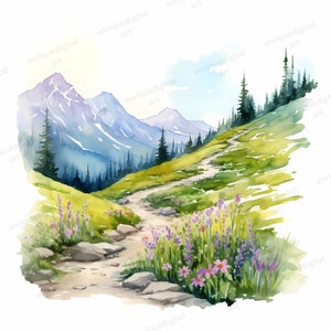 Imágenes Prediseñadas de montañas de acuarela, paisaje de montañas, fabricación de tarjetas, descarga digital, arte imprimible, arte de pared, elaboración de papel, formato PNG