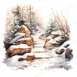 Aquarelle Forest Clipart, Rocky Path, Téléchargement numérique, Art imprimable, Scrapbooking, Fabrication de cartes, Fabrication de papier, Paysage d’hiver, Format PNG