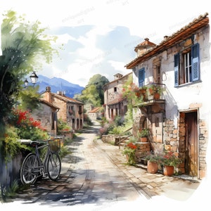 Acuarela pueblo italiano imágenes prediseñadas, paisaje, escena de la naturaleza, descarga digital, descarga instantánea, formato PNG, imágenes prediseñadas imprimibles, fabricación de tarjetas