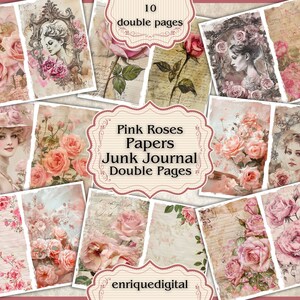 Pink Roses Junk Journal Papers, Paper Crafting, Digital Download, Junk Journal Double Pages, Scrapbooking, Shabby Chic, Printable Papers