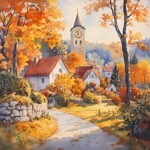 Acuarela de un pueblo tranquilo en otoño, paisaje otoñal, imagen de colores vivos, descarga digital, imágenes para hacer tarjetas, archivos JPG de alta calidad