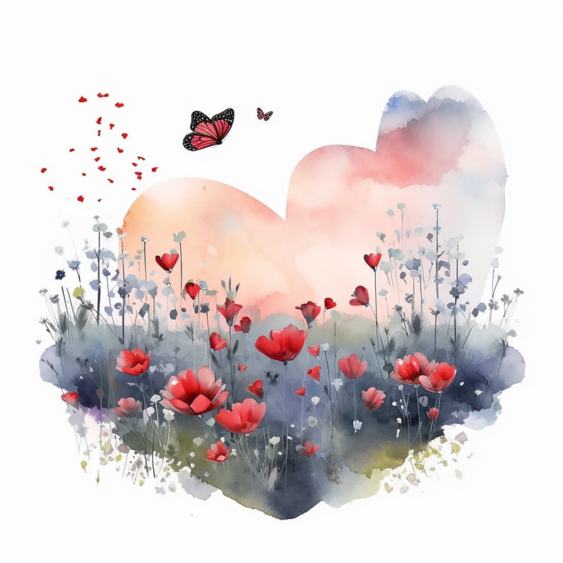 Heart Watercolor Clipart, Heart clipart, Meadow landscape, Watercolor Bundle PNG, Scrapbooking hearts, Instant Download, Digital Download image 1