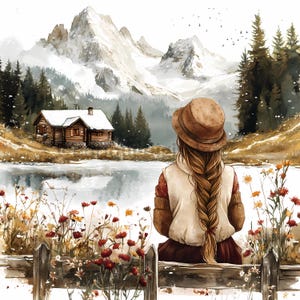 Watercolor Girl in Winter Clipart, Winter Landscape, Card Making Images, Digital Download, Printable Art, Wall Decoration, Instant Download