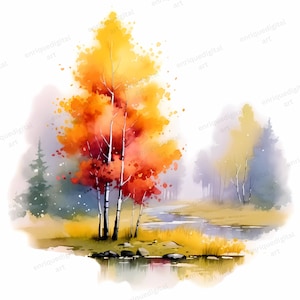 Aquarel herfstboom clipart, landschapskunst, afdrukbare muurkunst, muurprint, digitale download, downloadbare kunst, natuurkunstprints