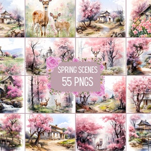 Aquarell Frühlingslandschaft Clipart, Frühling Naturszene, Clipart-Bundle, digitaler Download, Digitaldrucke, Kartenherstellung, Papierbasteln