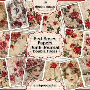 Rote Rosen Junk Journal Papiere, Papierhandwerk, digitaler Download, Junk Journal Doppelseiten, Scrapbooking, Shabby Chic, bedruckbare Papiere
