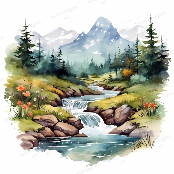 Aquarelle forêt montagne paysage Clipart, beau paysage fluvial, montagne et rivière Clipart, forêt aquarelle, impressions numériques