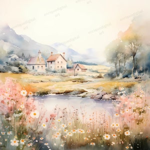 Aquarelle campagne Clipart, paysage de village, scène de la nature, téléchargement numérique, téléchargement instantané, format PNG, imprimable, fabrication de cartes