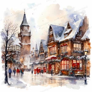 Aquarell druckbare Weihnachten Dorfplatz Clipart, digitaler Download, Scrapbooking, Kartenherstellung, Papierbasteln, digitales Basteln