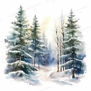Watercolor Forest Clipart, Winter Landscape, Card Making, Paper ...