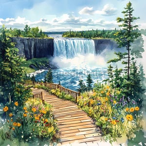 Clipart di bellissime cascate ad acquerello, paesaggio ad acquerello, immagini per la creazione di biglietti, download digitale, immagini JPG, colori vivaci, scene della natura