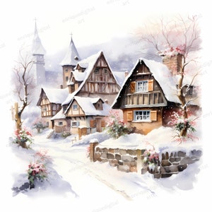 Watercolor Village Clipart, Winter Landscape, Countryside Scenery, Digital Download, Printable Art, Wall Art, Instant Download, PNG Format