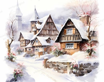 冬の村の水彩画クリップアート：雪の中の家々（デジタルダウンロード