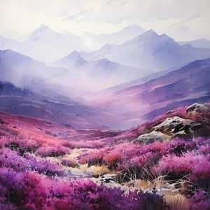 Aquarelle Highlands Clipart, Paysage de montagnes, Fabrication de cartes, Téléchargement numérique, Art imprimable, Art mural, Téléchargement instantané, Format PNG