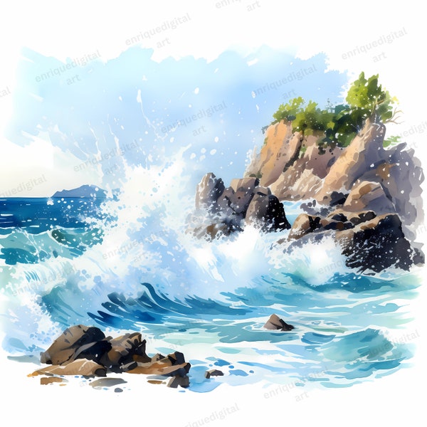 Watercolor Seascape Clipart, Crushing Waves Clipart, Ocean Scenery, Landscape Paintings, PNG Format, Card Making, Paper Crafts, Scrapbooking