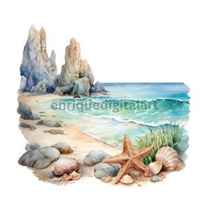 Clipart z akwarelą na plaży, Clipart z krajobrazem morskim, Krajobraz oceanu, Krajobraz oceanu w akwareli, Format PNG, Tworzenie kartek, Rękodzieło papierowe, Scrapbooking